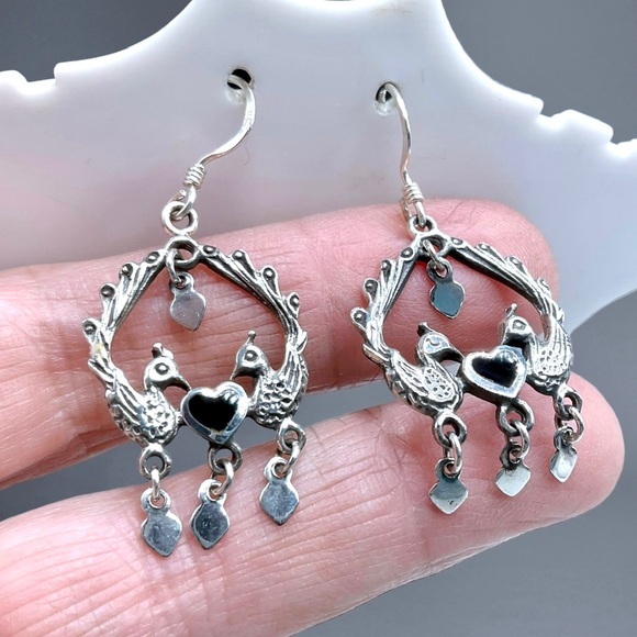 🌺 Vintage Sterling & Onyx Peacock Earrings - Picture 3 of 10